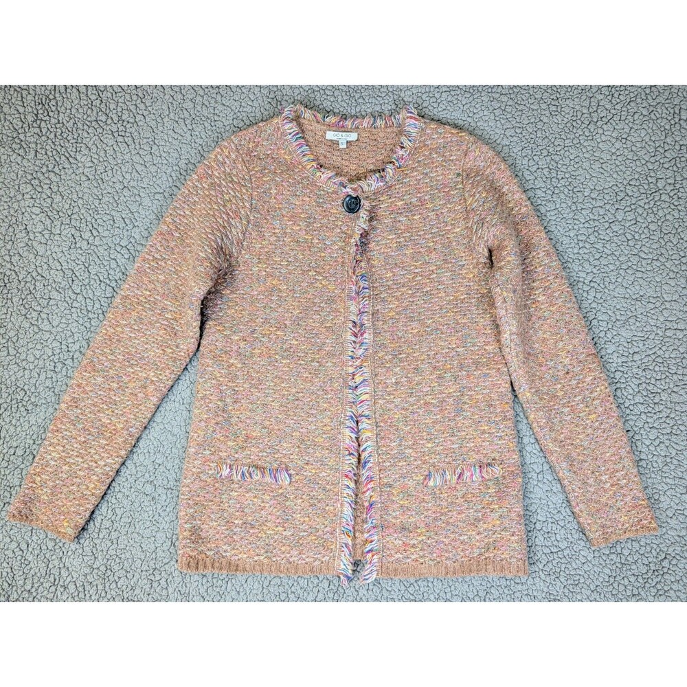 Gio & Gio Mohair Cardigan Sweater Women's Size S Wool Fringe Trim Rainbow Knit